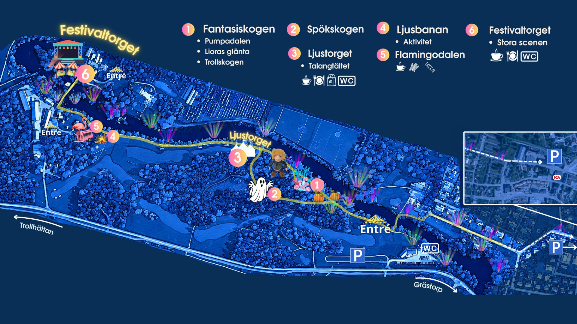 Illustrerad karta över festivalområdet med numrerade punkter 1 till 6
